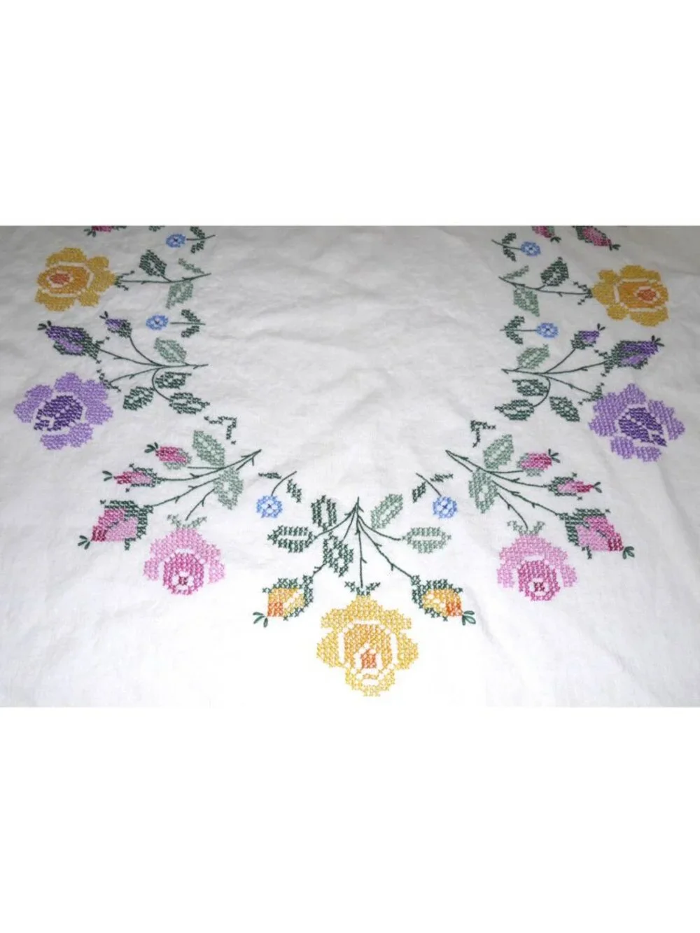 Vintage hand embroidered needlepoint cotton tablecloth multicolor floral 48 x 64